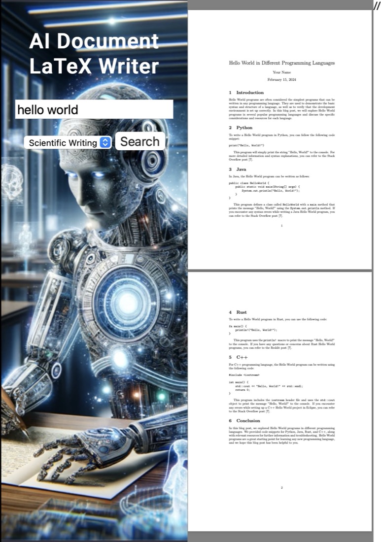 The AI Document LaTeX Writer web app next to the PDF it generated