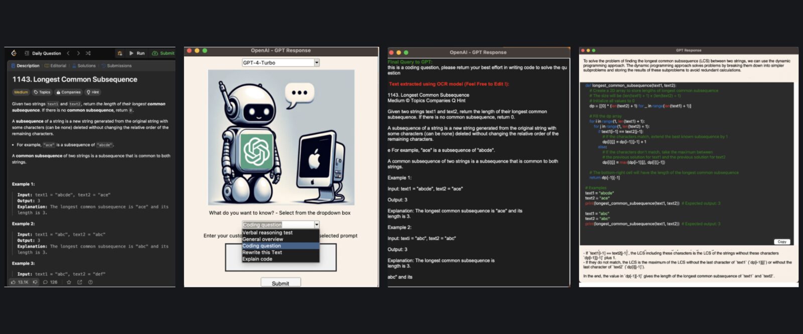 The tool's four steps: a screenshot of a coding question, the prompt picker window, the OCR text ready to edit, and the LLM's answer with code