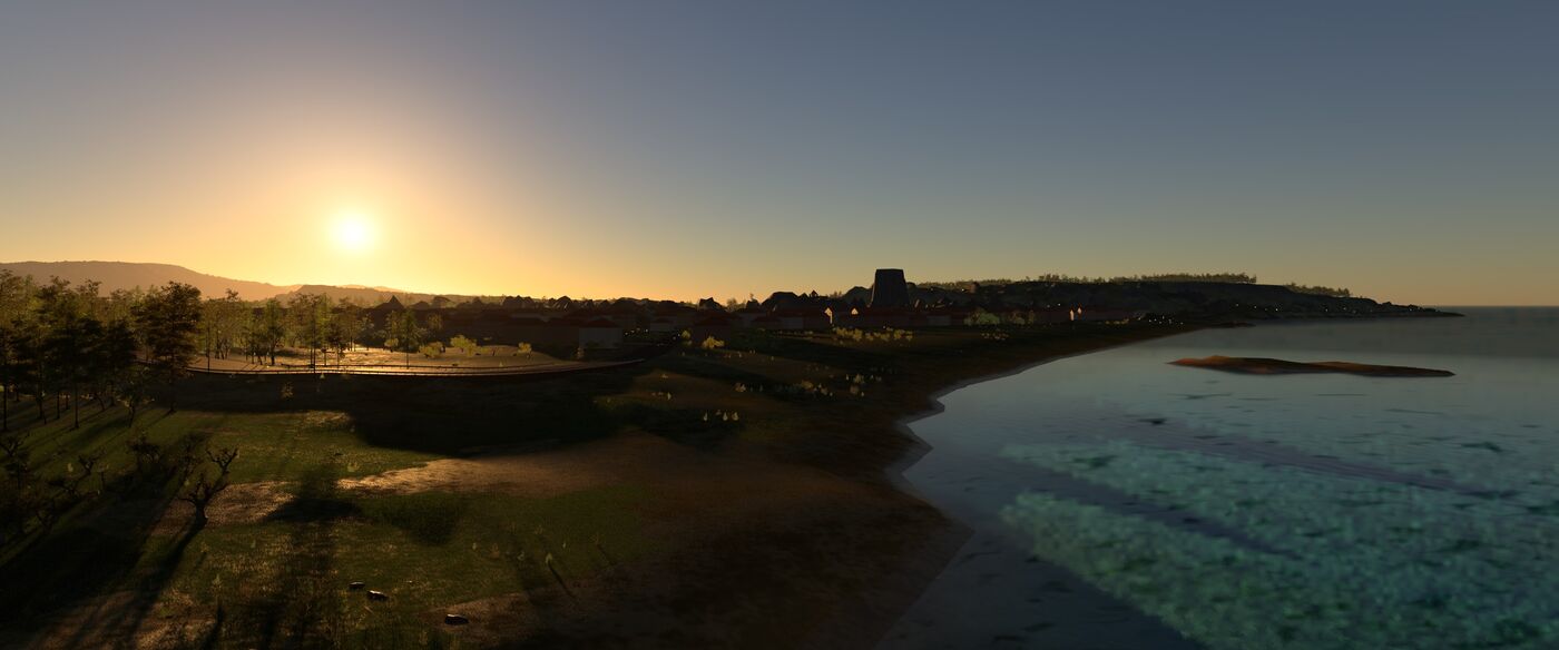 A Spartan Engine scene at sunset: an island coastline with water