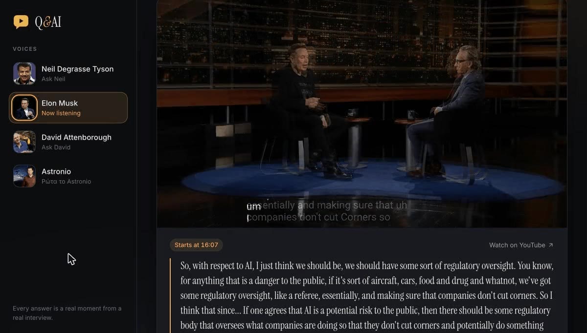 The Q&AI app playing the moment in an interview that answers the question, with the quoted transcript